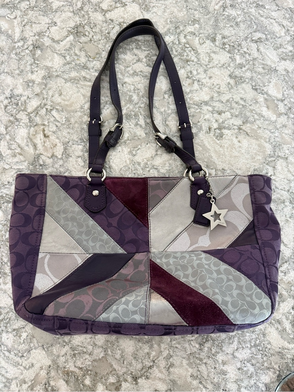COACH Tote Bag Patchwork Signature Canvas Leather Shoulder Purple F17614